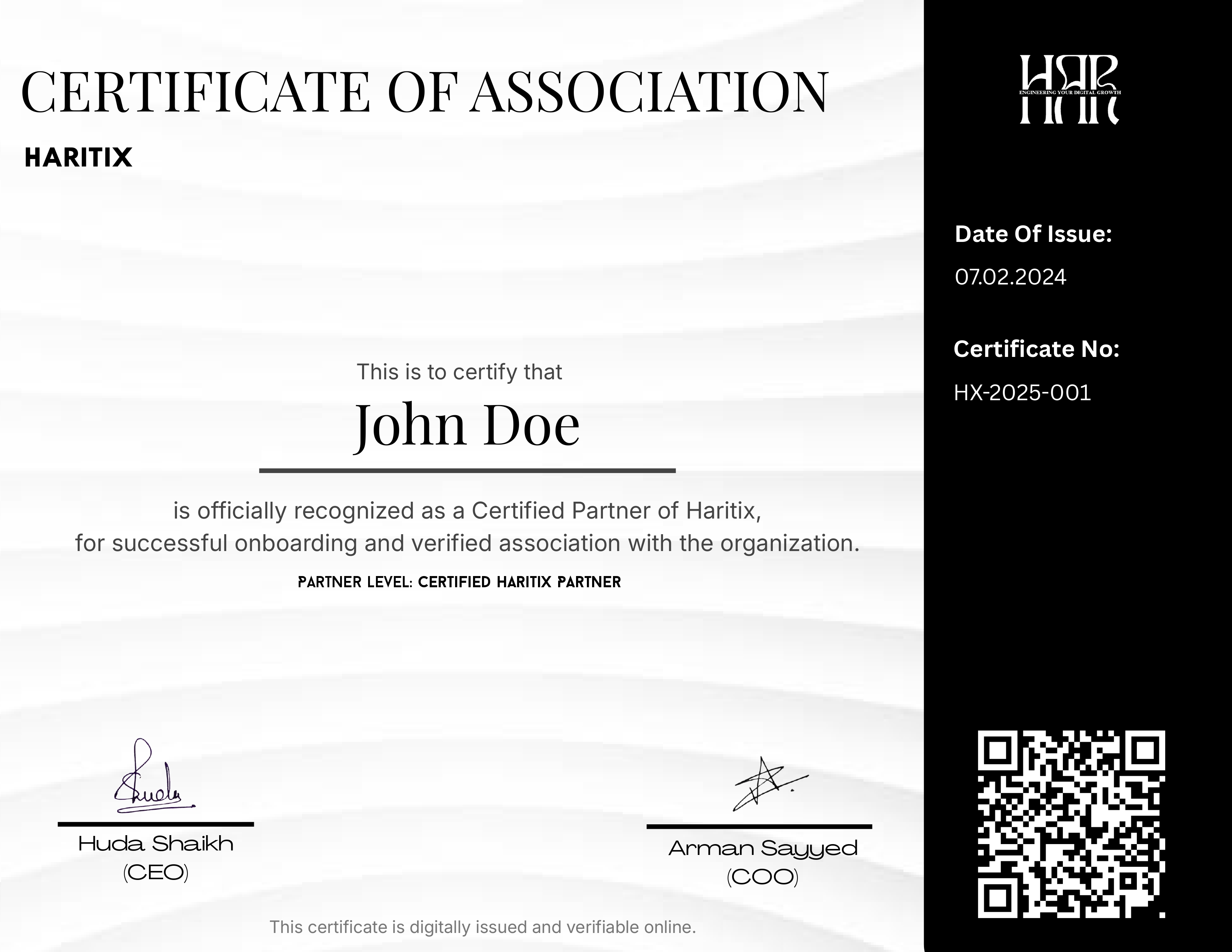 Haritix Partner Certificate Example